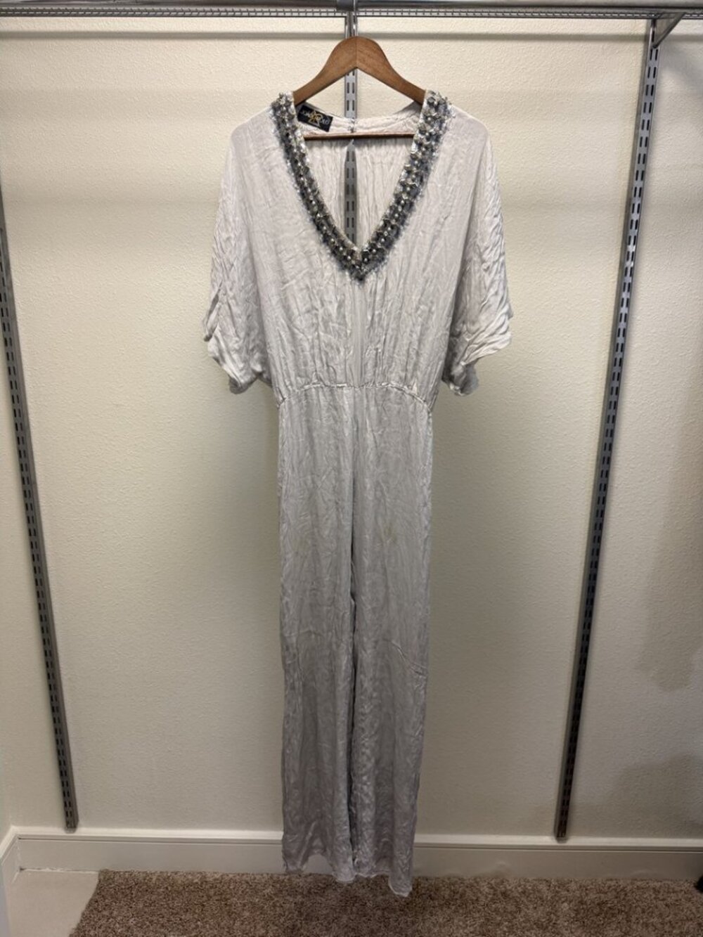 Joao Rolo Alta Costura Beaded Silk Jumpsuit Silver Pearl Wide Leg Couture